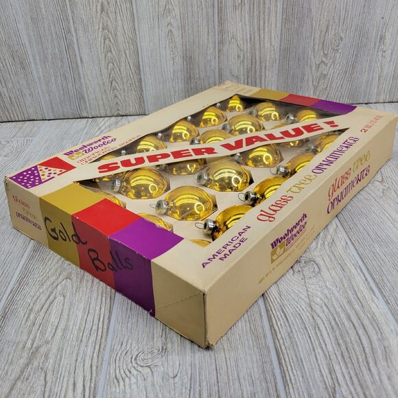 Vintage Gold Woolworth Woolco Glass Ornaments Bulbs 24 original box USA 2.25"‎ - Picture 2 of 11